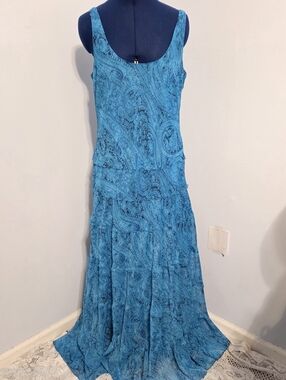 Y2K Aqua Paisley Tiered Chiffon Maxi Dress Size 16